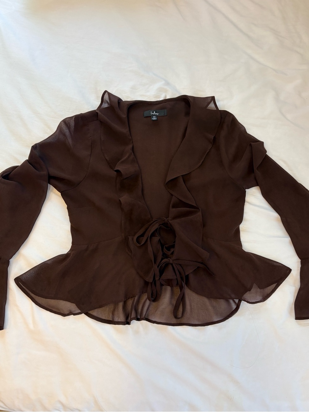 Lulu's Brown Ruffle Tie-Front Sheer Blouse